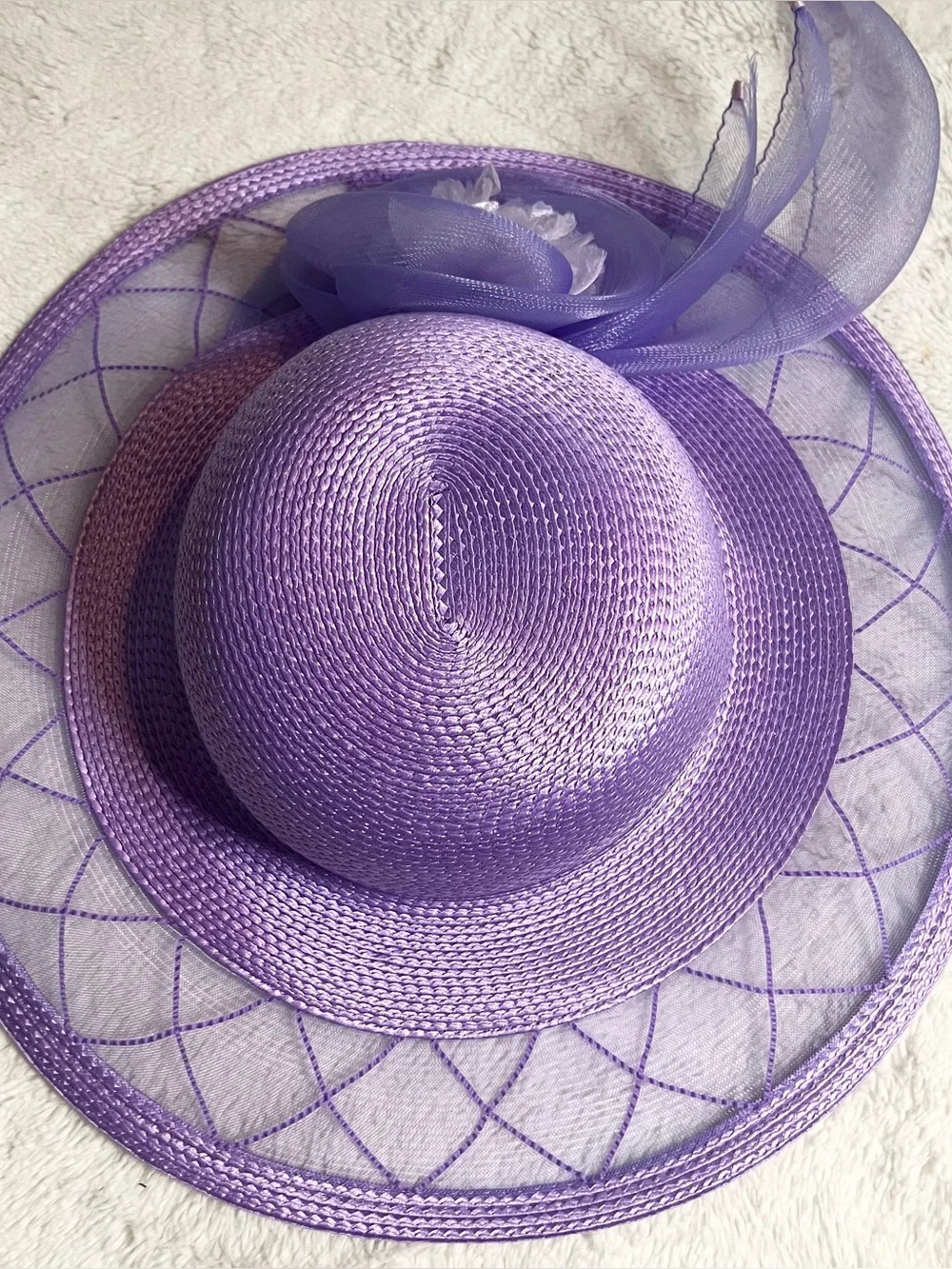 Vintage Lord & Taylor Lavender Purple Wide Brim Floral Fascinator Derby Hat